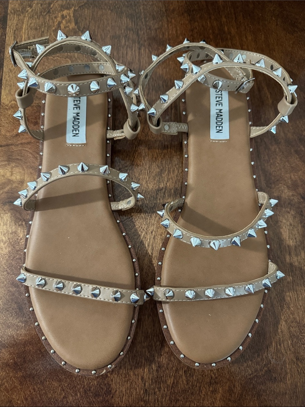 Steve Madden Tan Studded Low-Profile Ankle-Strap Sandals